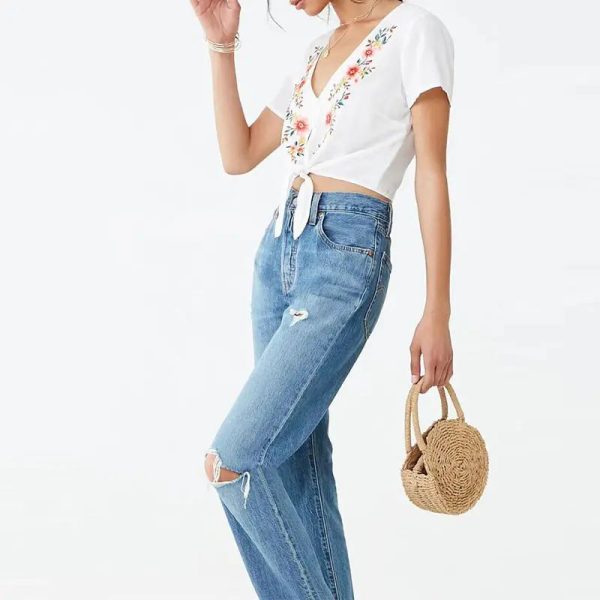 Best Selling Women's Summer Tops V-Neck Breathable Casual Floral Embroidered Short Sleeve Blouse - Image 2