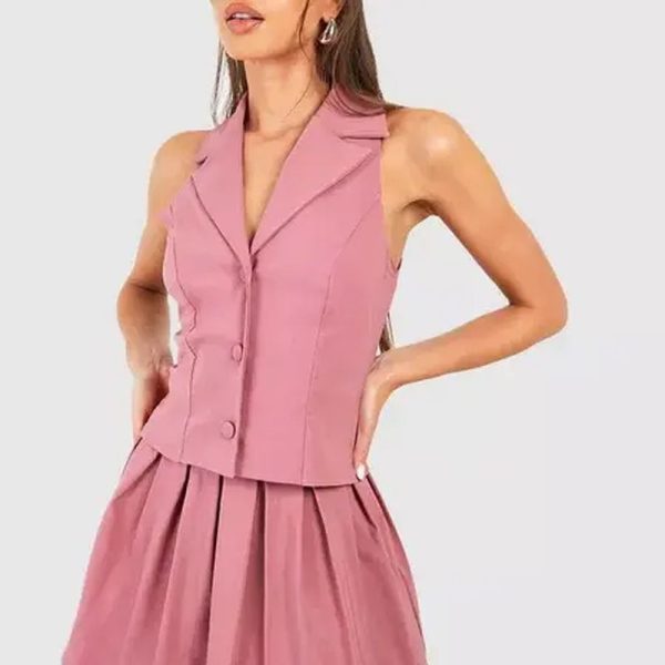 Casual Elegant Sweet Plunge Front Waistcoat & Pleated Mini Skirt