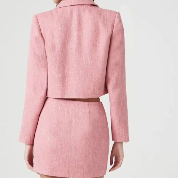 Women Elegant Career Tweed Cropped Jacket & Skirt Set With Faux Pearl Button-front Closures